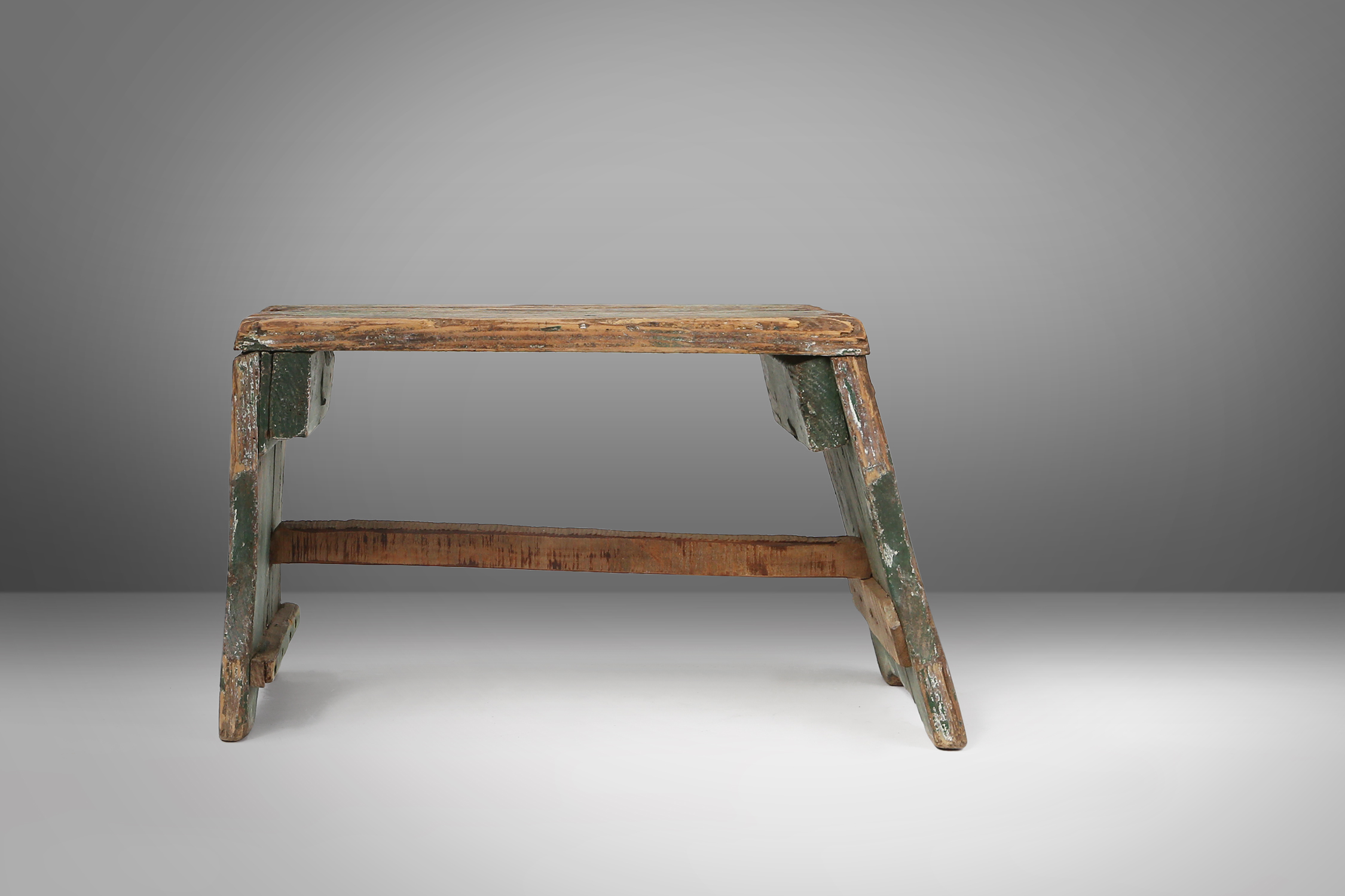 Industrial green wooden stool with nice patina, France 1900thumbnail